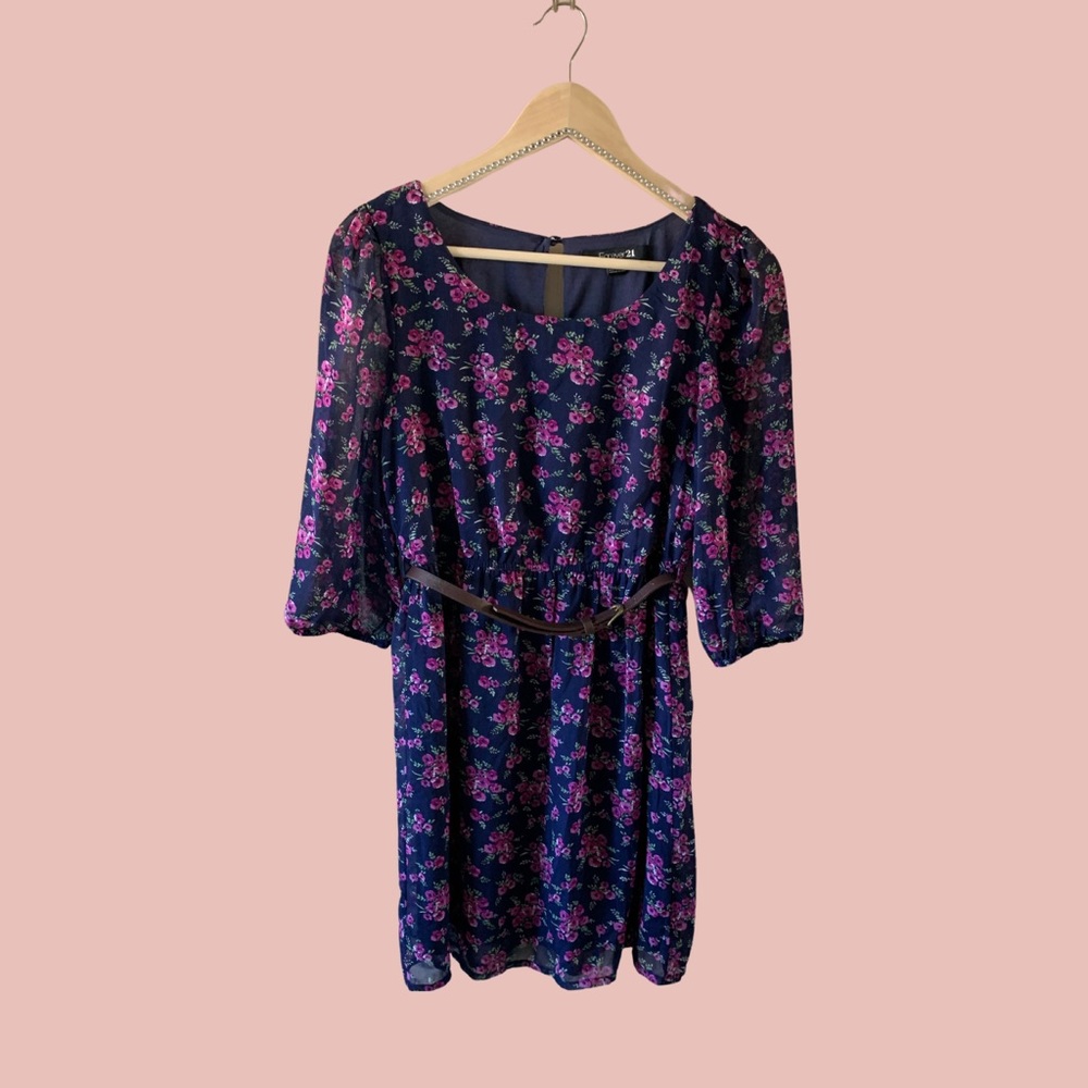 Floral Mid Sleeve Mini Dress with Waist Belt